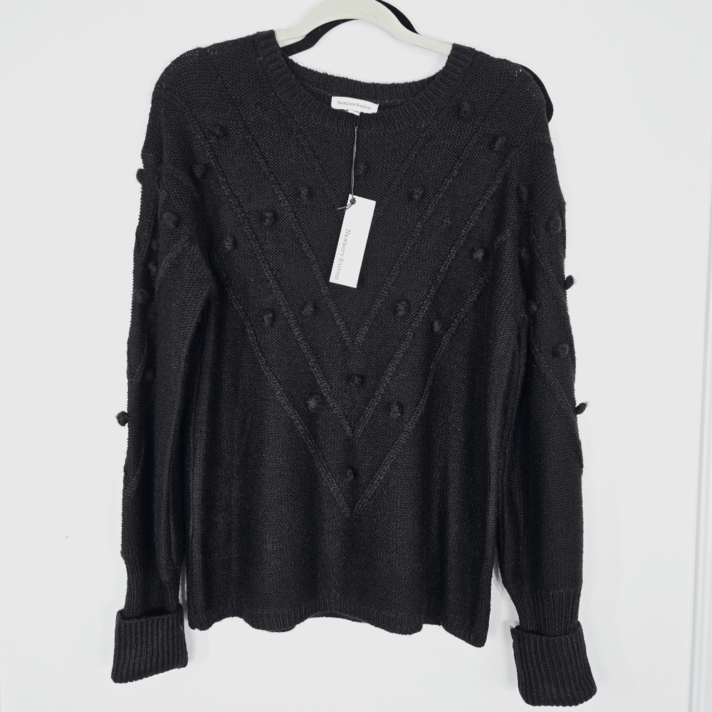 Newbury Kustom Black Bobble Pom‎ Pom Textured Knit Sweater Crew Neck NWT Large